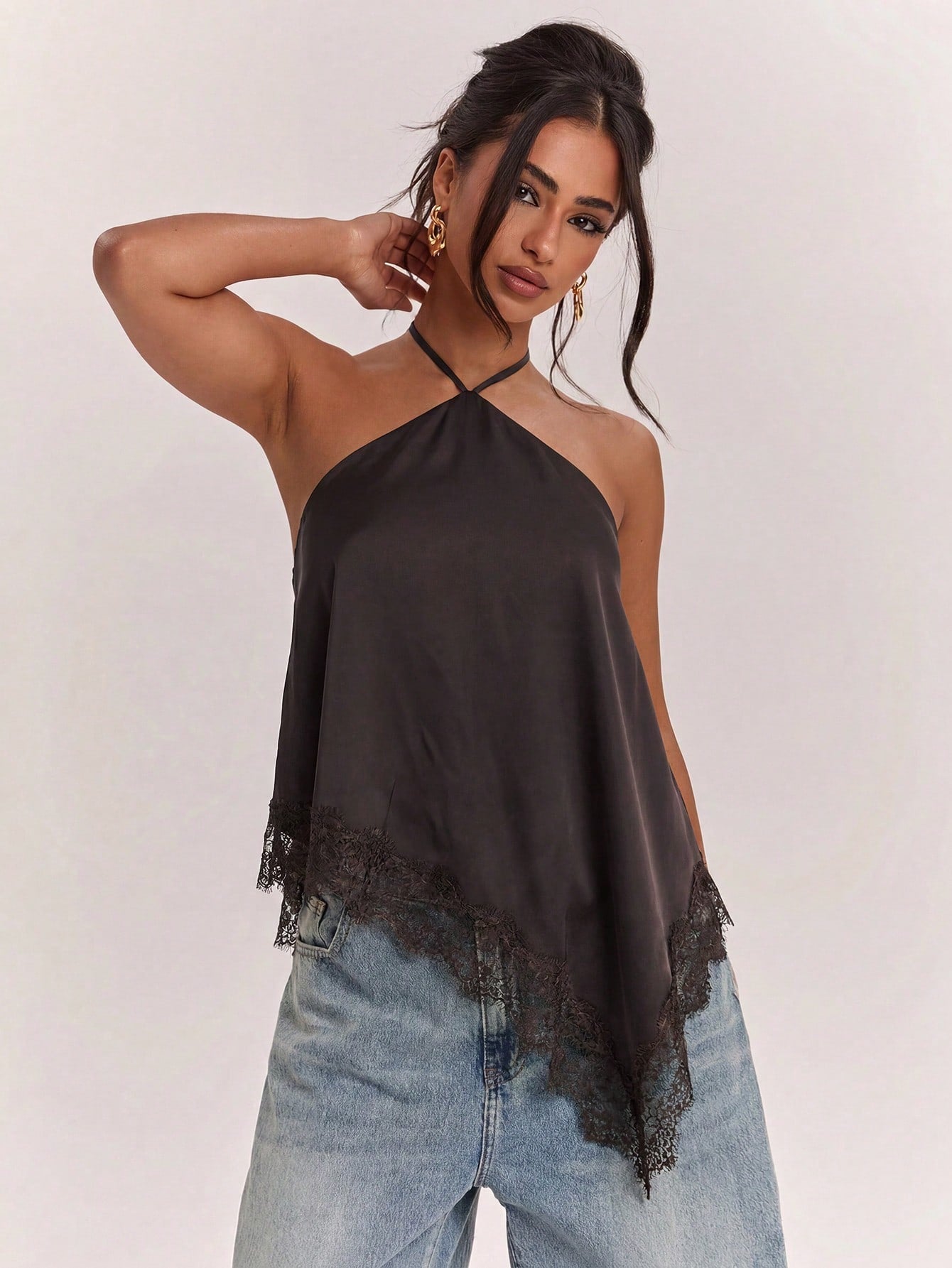 SHEIN BAE Cashmere Apricot Women's Solid Color Contrast Lace Asymmetric Shoulder Side Slit Fashion T-Shirt, Summer Top, Lace Contrast Top, Suitable For All Seasons, Casual Wear, Shopping, Work, School