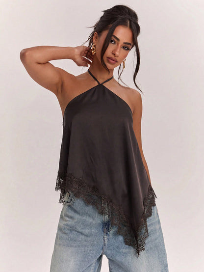 SHEIN BAE Cashmere Apricot Women's Solid Color Contrast Lace Asymmetric Shoulder Side Slit Fashion T-Shirt, Summer Top, Lace Contrast Top, Suitable For All Seasons, Casual Wear, Shopping, Work, School