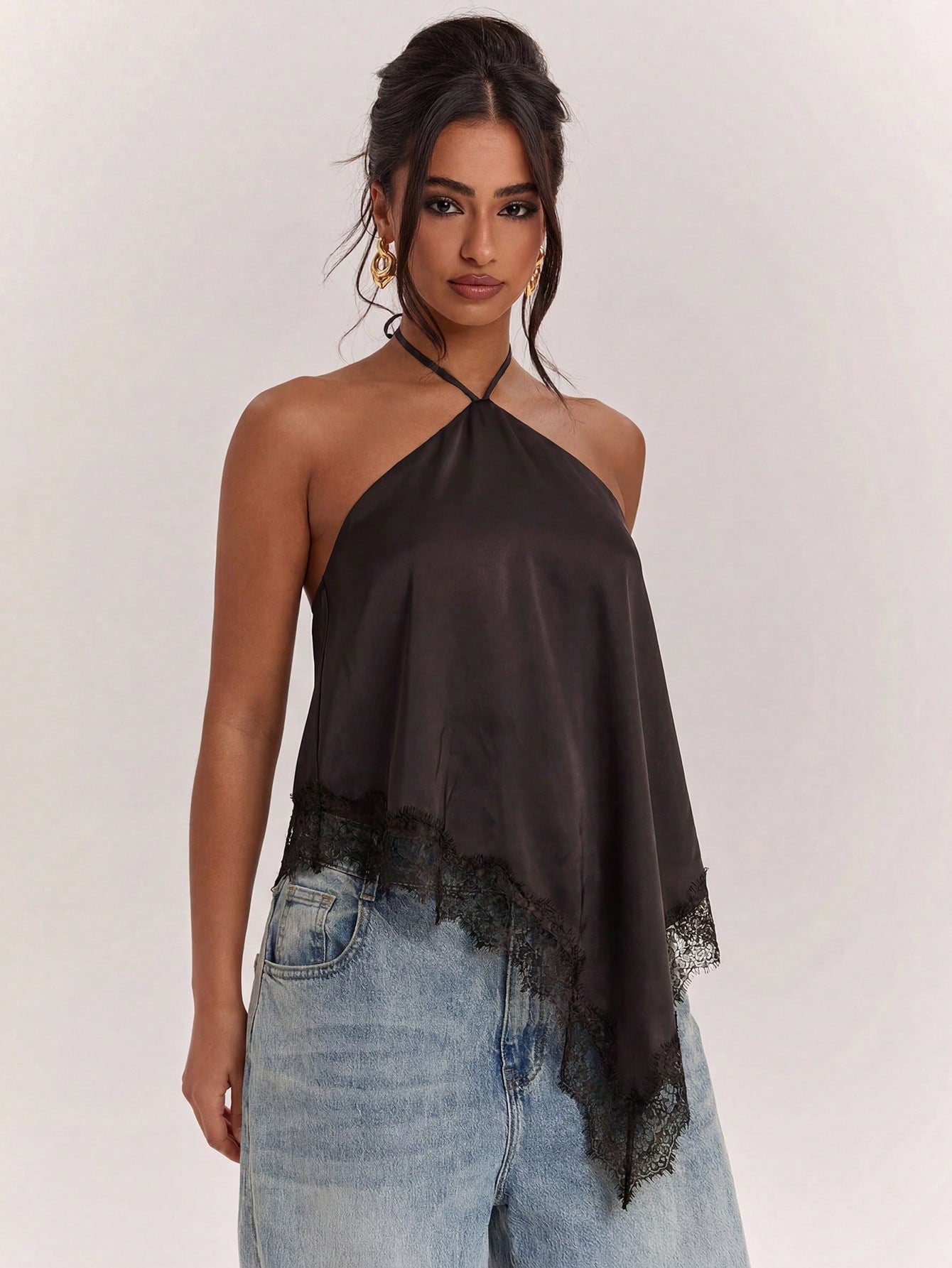SHEIN BAE Cashmere Apricot Women's Solid Color Contrast Lace Asymmetric Shoulder Side Slit Fashion T-Shirt, Summer Top, Lace Contrast Top, Suitable For All Seasons, Casual Wear, Shopping, Work, School