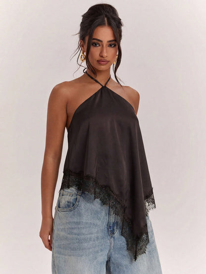 SHEIN BAE Cashmere Apricot Women's Solid Color Contrast Lace Asymmetric Shoulder Side Slit Fashion T-Shirt, Summer Top, Lace Contrast Top, Suitable For All Seasons, Casual Wear, Shopping, Work, School
