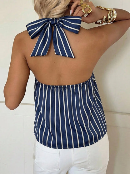 SHEIN EZwear Women's Casual Sexy Backless Tie Strap Navy Blue And White Blouse, Suitable For Vacation, Back To School, Music Festival, Beach Party, Summer Top