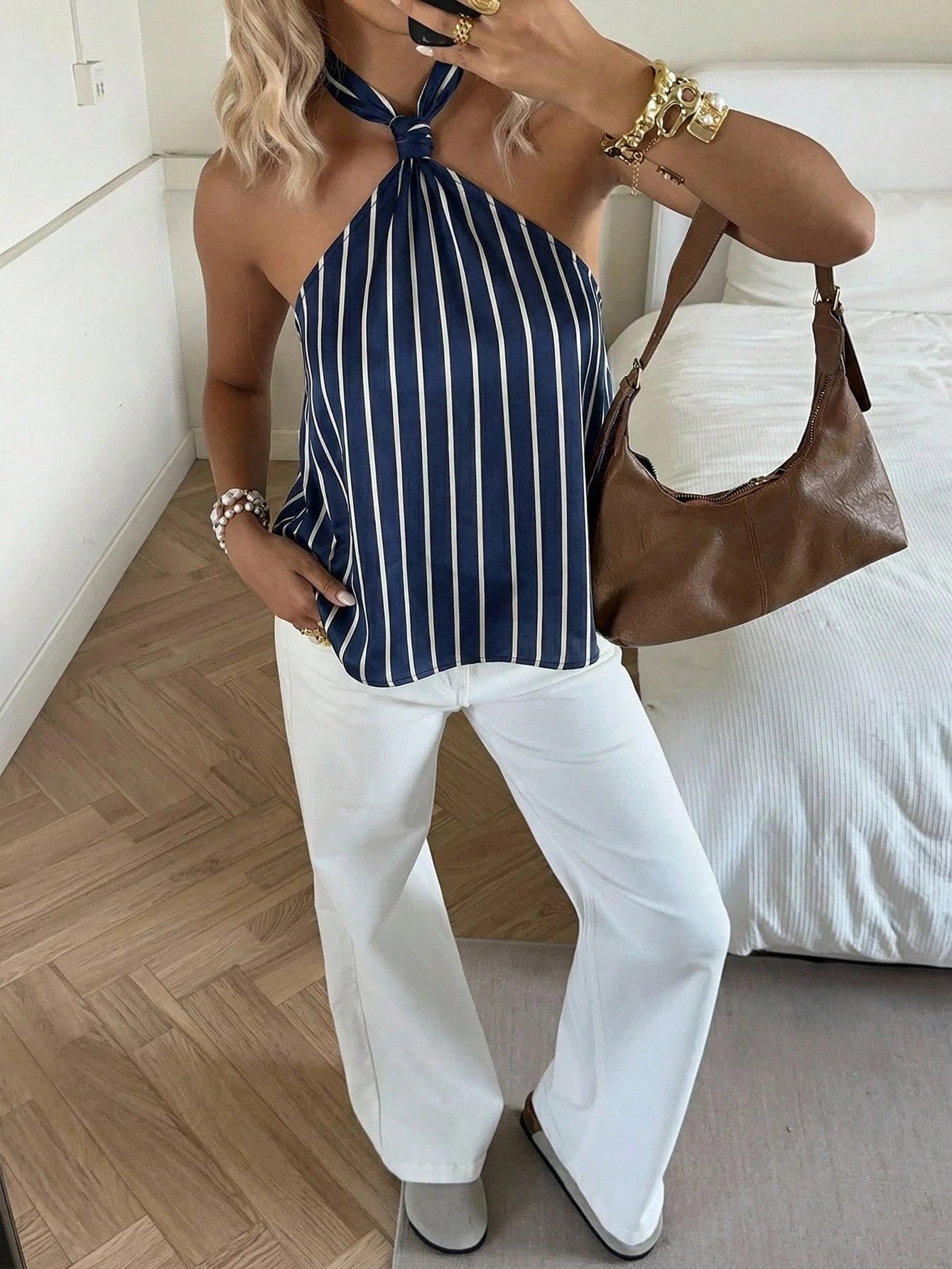 SHEIN EZwear Women's Casual Sexy Backless Tie Strap Navy Blue And White Blouse, Suitable For Vacation, Back To School, Music Festival, Beach Party, Summer Top