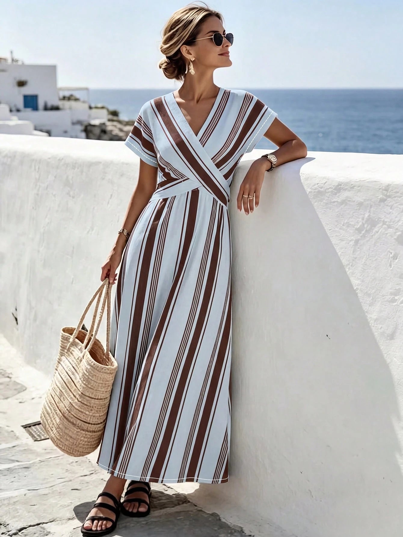 SHEIN Holidaya Women's Blue Striped Short Sleeve Dress, Elegant Sexy Spring/Summer Vacation And Party Beach Outfit, New Style