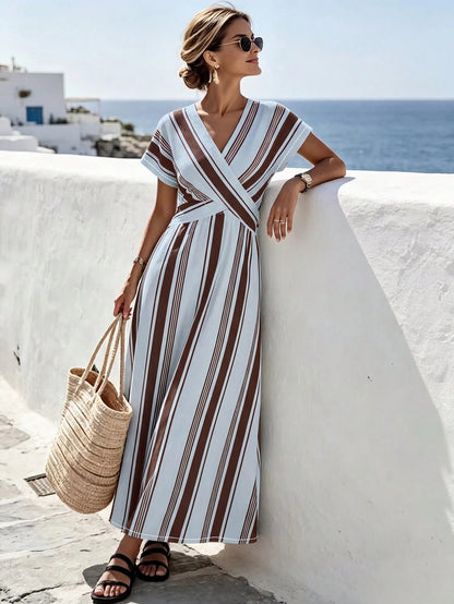 SHEIN Holidaya Women's Blue Striped Short Sleeve Dress, Elegant Sexy Spring/Summer Vacation And Party Beach Outfit, New Style