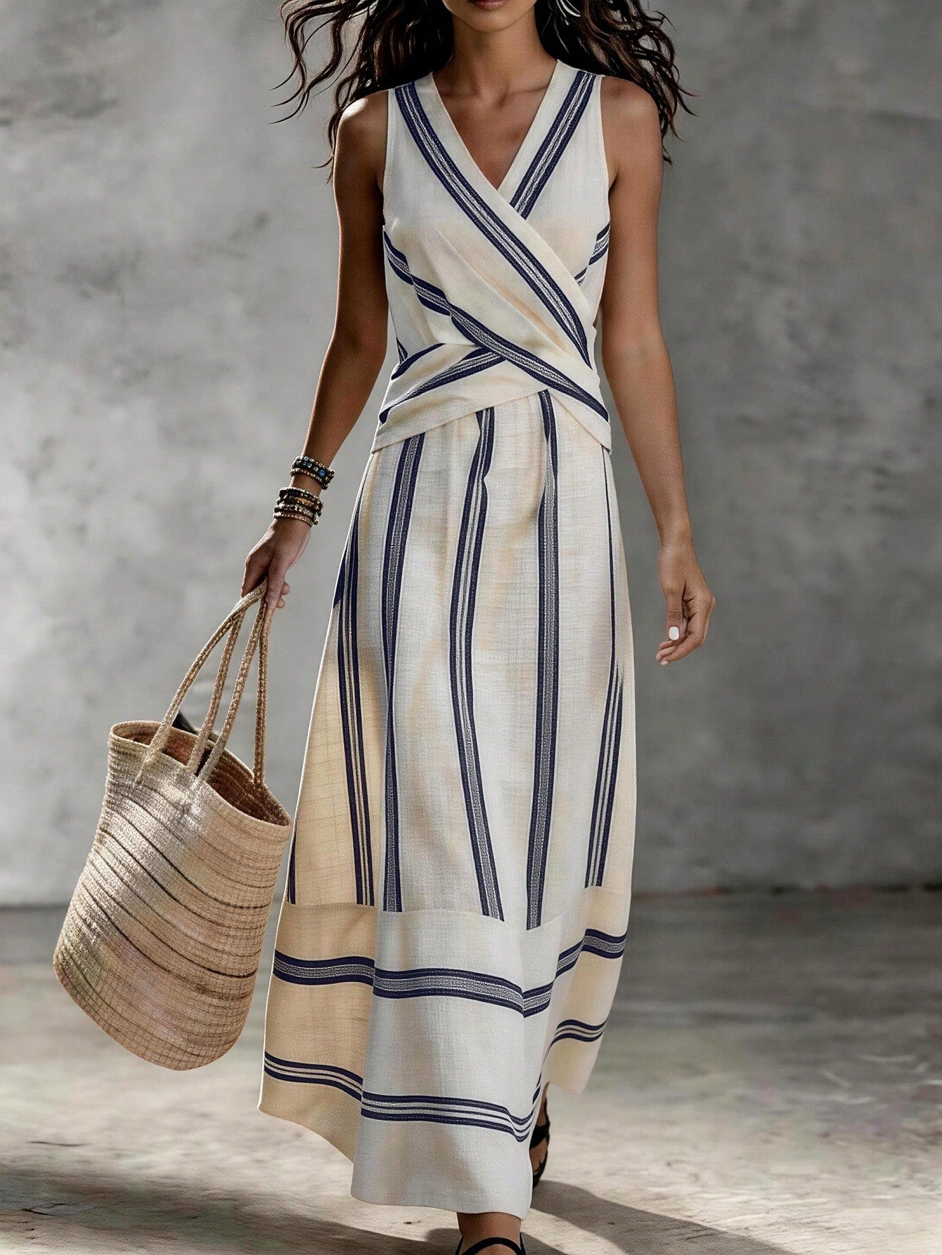 SHEIN Women's Navy Blue Striped Dress,Summer Casual Holiday Vacation Holiday Versatile Slit Hem Textured Printed Dress For Beach,Daily Wear