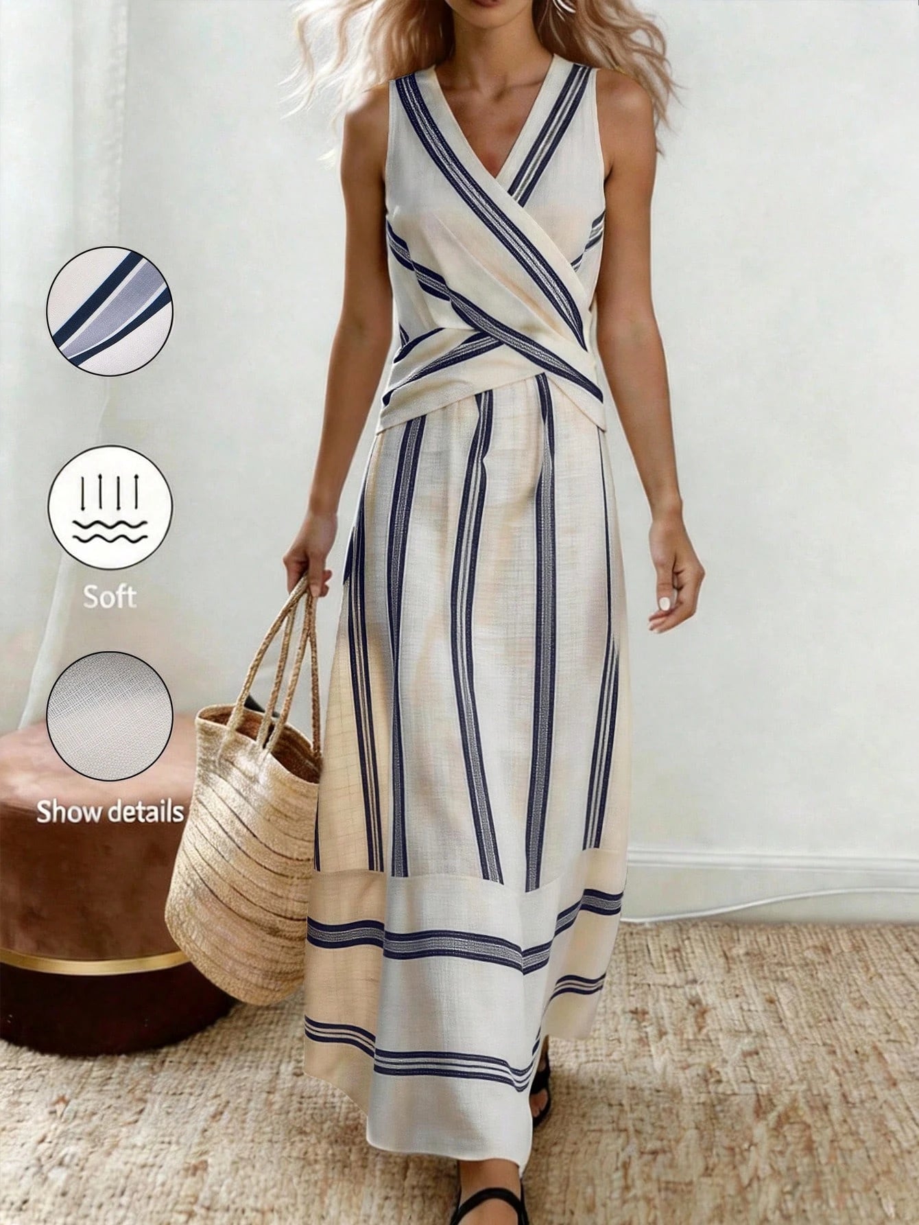 SHEIN Women's Navy Blue Striped Dress,Summer Casual Holiday Vacation Holiday Versatile Slit Hem Textured Printed Dress For Beach,Daily Wear