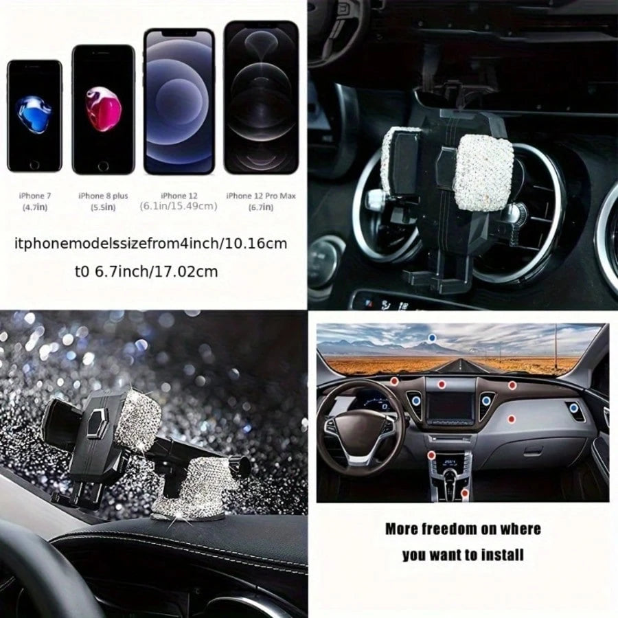 Shiny Crystal Diamond Car Phone Holder, Retractable Universal Model, Firm Grip Without Damaging Phone, More Convenient For Driving Navigation