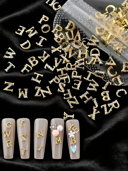 Shiny Gold & Silver A-Z Rhinestone Letter Nail Art Charms, Personalized Initial Nail Gems, Suitable For DIY Nail Art