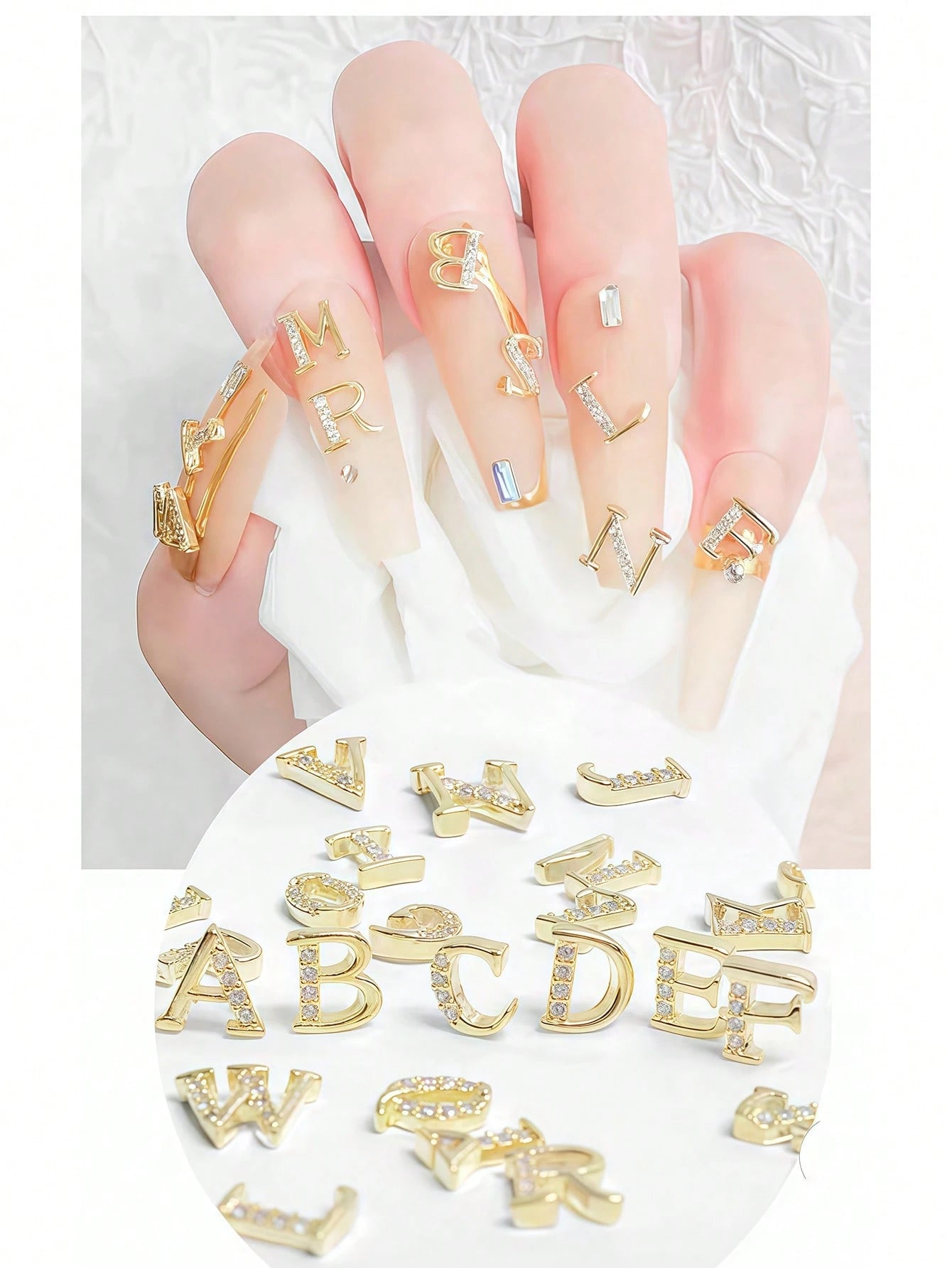 Shiny Gold & Silver A-Z Rhinestone Letter Nail Art Charms, Personalized Initial Nail Gems, Suitable For DIY Nail Art