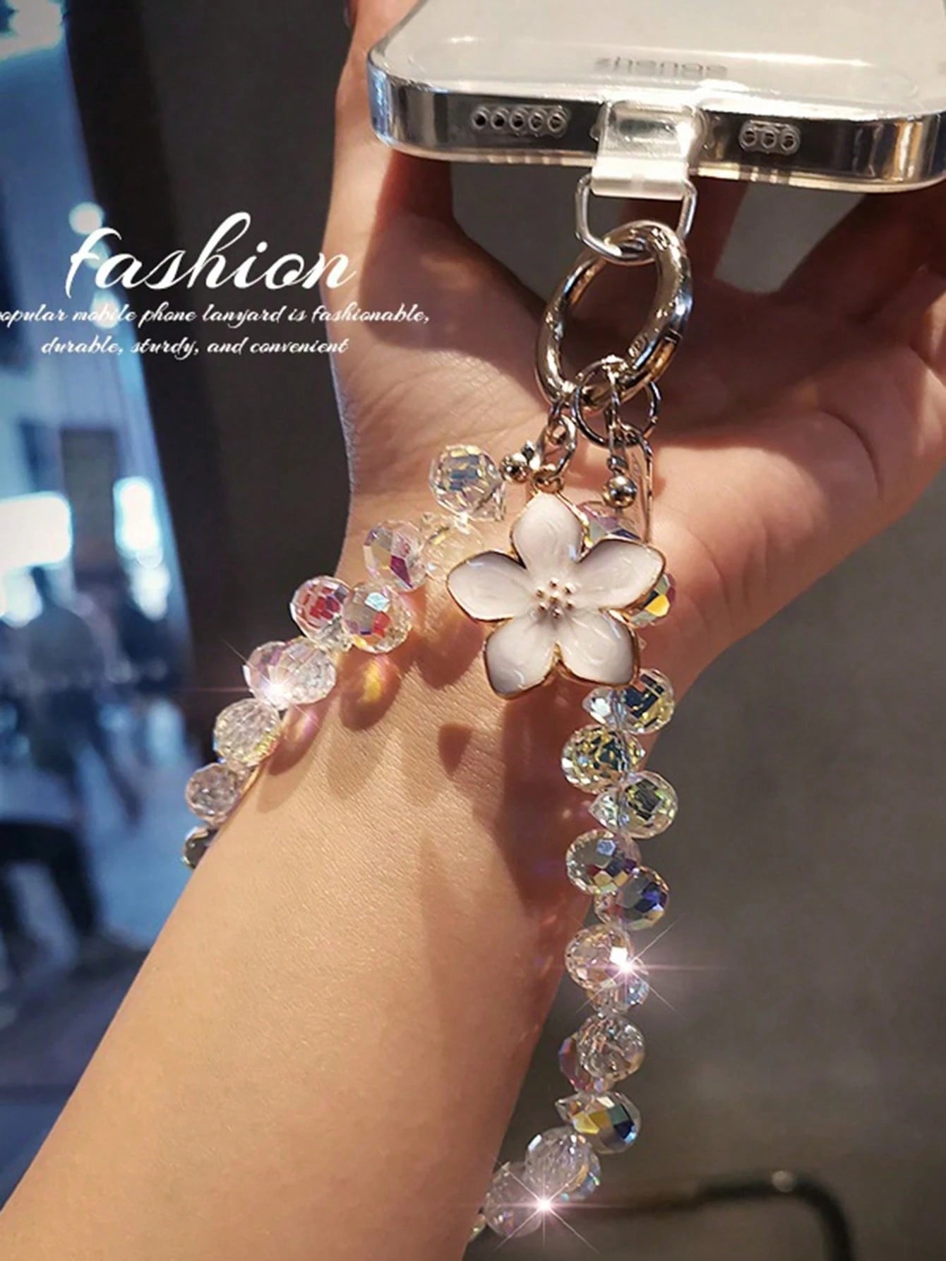 Shockproof Crystal Beaded 1pc Shiny Flower Pendant Phone Chain, Unique High-End Case Charm, Beaded Bracelet Short Strap, Suitable For Outdoor Travel, Birthday Gift, Phone Decoration, Anti-Lost Phone L