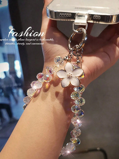 Shockproof Crystal Beaded 1pc Shiny Flower Pendant Phone Chain, Unique High-End Case Charm, Beaded Bracelet Short Strap, Suitable For Outdoor Travel, Birthday Gift, Phone Decoration, Anti-Lost Phone L