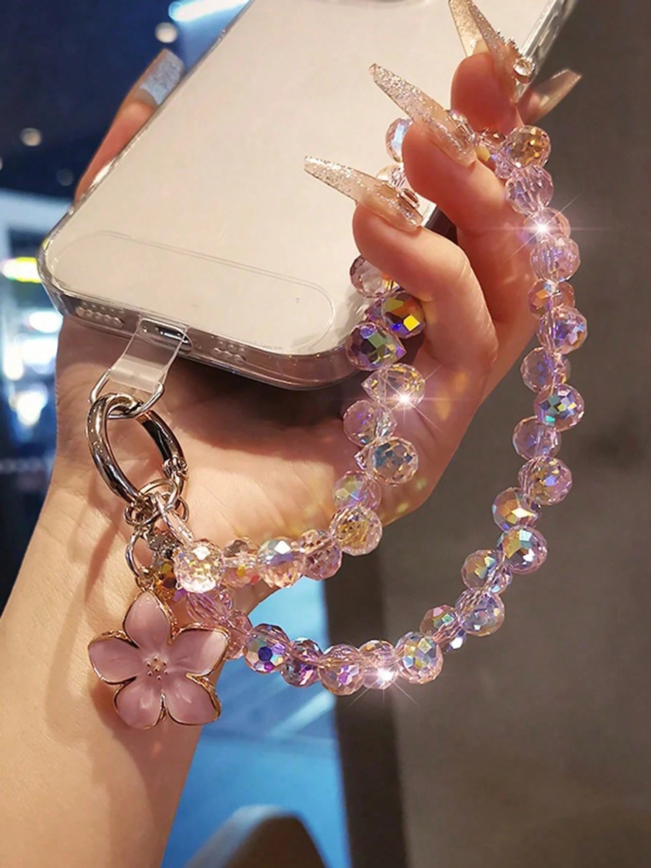 Shockproof Crystal Beaded 1pc Shiny Flower Pendant Phone Chain, Unique High-End Case Charm, Beaded Bracelet Short Strap, Suitable For Outdoor Travel, Birthday Gift, Phone Decoration, Anti-Lost Phone L