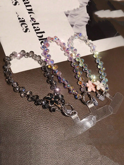 Shockproof Crystal Beaded 1pc Shiny Flower Pendant Phone Chain, Unique High-End Case Charm, Beaded Bracelet Short Strap, Suitable For Outdoor Travel, Birthday Gift, Phone Decoration, Anti-Lost Phone L