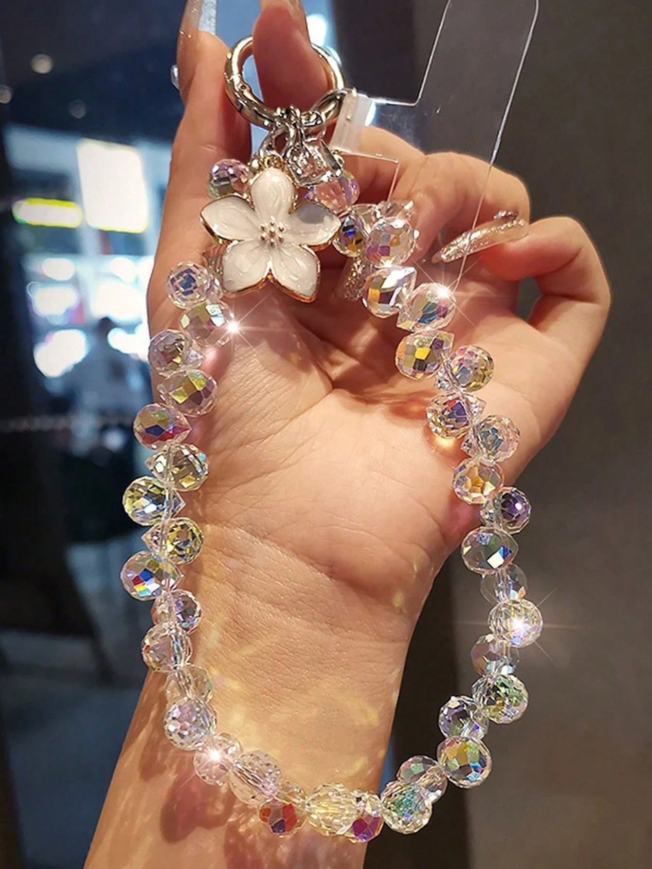 Shockproof Crystal Beaded 1pc Shiny Flower Pendant Phone Chain, Unique High-End Case Charm, Beaded Bracelet Short Strap, Suitable For Outdoor Travel, Birthday Gift, Phone Decoration, Anti-Lost Phone L