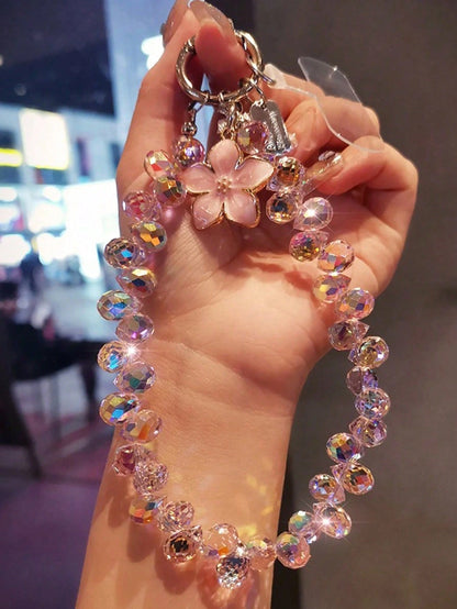 Shockproof Crystal Beaded 1pc Shiny Flower Pendant Phone Chain, Unique High-End Case Charm, Beaded Bracelet Short Strap, Suitable For Outdoor Travel, Birthday Gift, Phone Decoration, Anti-Lost Phone L