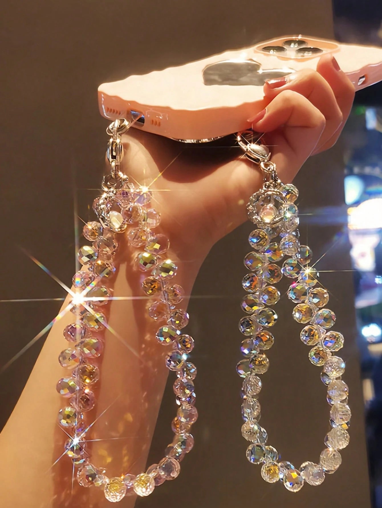 Shockproof Crystal Beaded 1pc Shiny Flower Pendant Phone Chain, Unique High-End Case Charm, Beaded Bracelet Short Strap, Suitable For Outdoor Travel, Birthday Gift, Phone Decoration, Anti-Lost Phone L