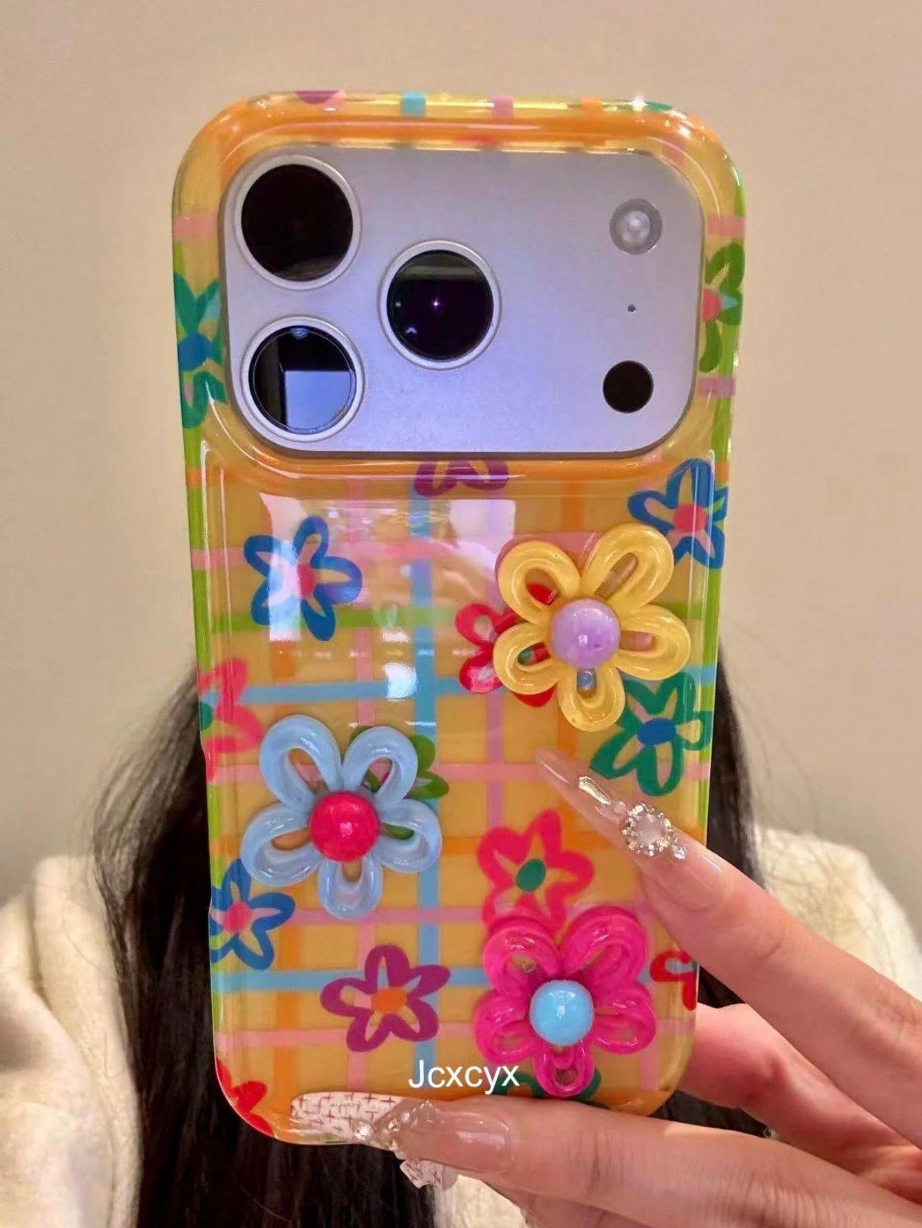 Shockproof Flower Element Flower Y2K Dopamine 3D Colorful Flower Grid Line Floral Pattern Yellow Background Phone Case Compatible With IPhone 17 Pro Max 17 Pro 16 Pro Max 14 15 Pro 13 12 Pro 14 Plus 1