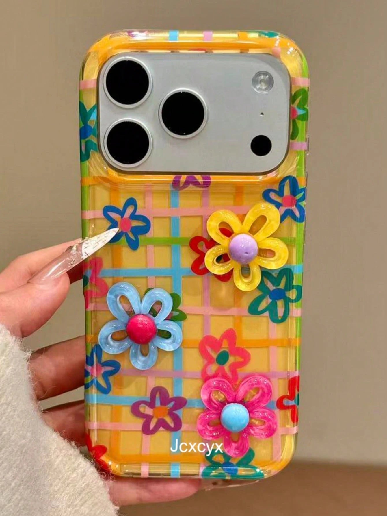Shockproof Flower Element Flower Y2K Dopamine 3D Colorful Flower Grid Line Floral Pattern Yellow Background Phone Case Compatible With IPhone 17 Pro Max 17 Pro 16 Pro Max 14 15 Pro 13 12 Pro 14 Plus 1