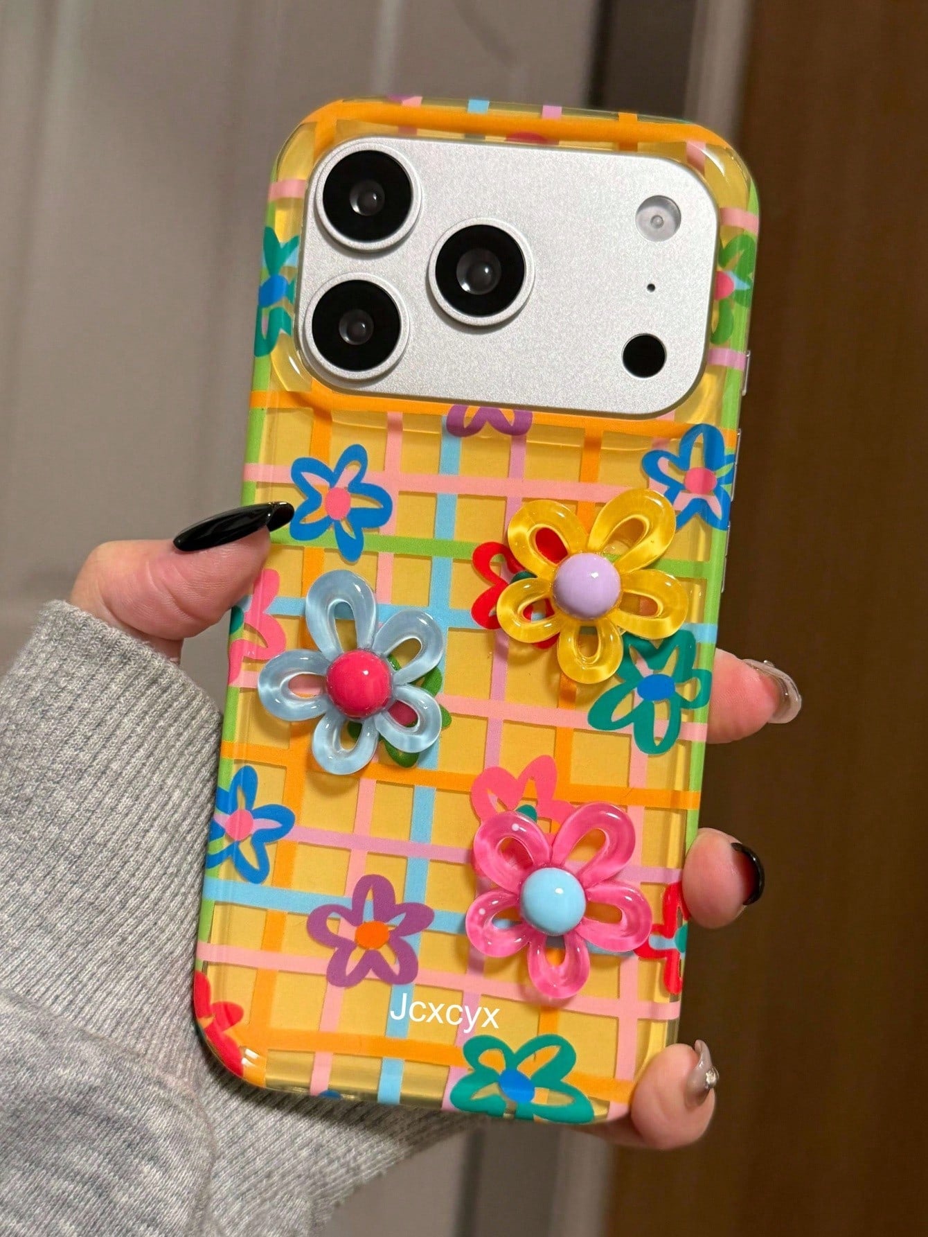 Shockproof Flower Element Flower Y2K Dopamine 3D Colorful Flower Grid Line Floral Pattern Yellow Background Phone Case Compatible With IPhone 17 Pro Max 17 Pro 16 Pro Max 14 15 Pro 13 12 Pro 14 Plus 1