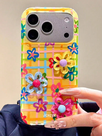 Shockproof Flower Element Flower Y2K Dopamine 3D Colorful Flower Grid Line Floral Pattern Yellow Background Phone Case Compatible With IPhone 17 Pro Max 17 Pro 16 Pro Max 14 15 Pro 13 12 Pro 14 Plus 1