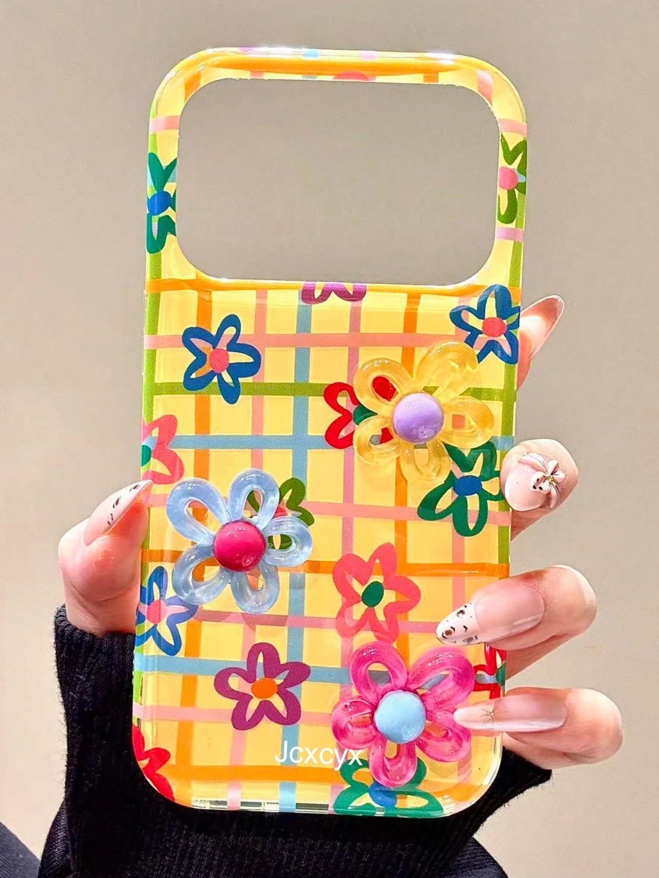 Shockproof Flower Element Flower Y2K Dopamine 3D Colorful Flower Grid Line Floral Pattern Yellow Background Phone Case Compatible With IPhone 17 Pro Max 17 Pro 16 Pro Max 14 15 Pro 13 12 Pro 14 Plus 1