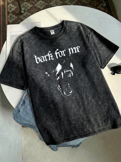 Short-Sleeve Washed T-Shirt Bark For Me Wolf Print 100% Cotton, Comfortable Retro Fashion Versatile Y2K Women's Clothing Suitable For Daily Wear, Gift