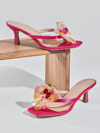 SHUZIA Women's Square Toe Low-Heel Orchid Floral-Decor Satin Fuchsia Thong Sandals – Exotic, Dreamy & Resort-Chic Valentine's Day Summer Shoes