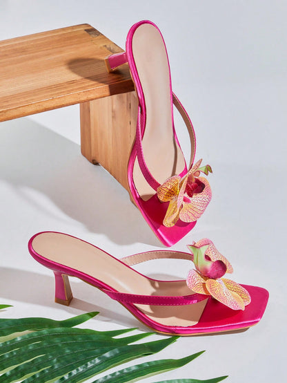 SHUZIA Women's Square Toe Low-Heel Orchid Floral-Decor Satin Fuchsia Thong Sandals – Exotic, Dreamy & Resort-Chic Valentine's Day Summer Shoes