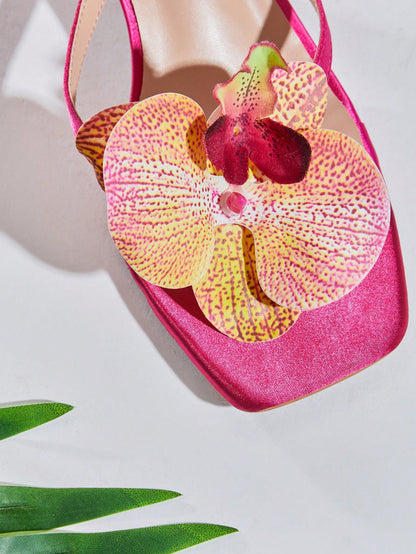 SHUZIA Women's Square Toe Low-Heel Orchid Floral-Decor Satin Fuchsia Thong Sandals – Exotic, Dreamy & Resort-Chic Valentine's Day Summer Shoes