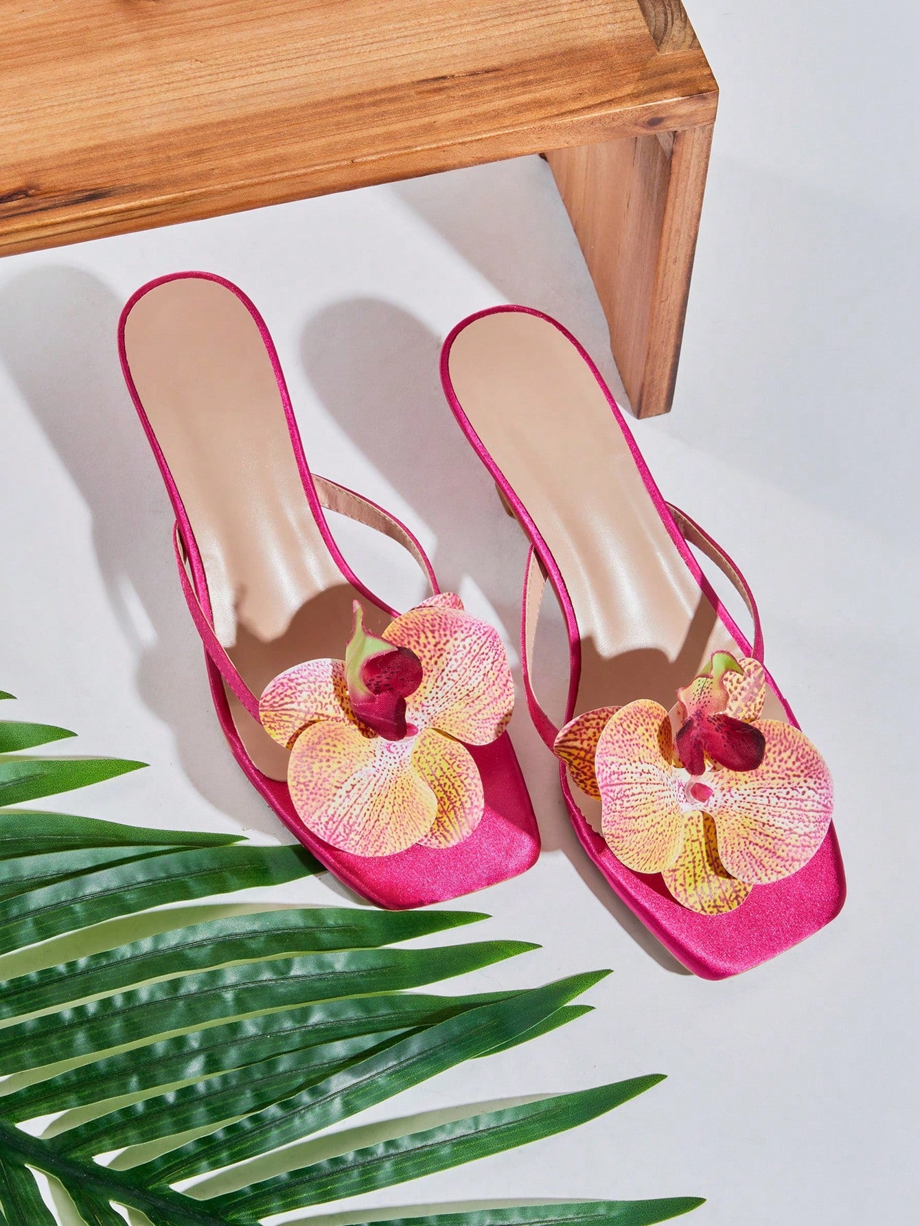 SHUZIA Women's Square Toe Low-Heel Orchid Floral-Decor Satin Fuchsia Thong Sandals – Exotic, Dreamy & Resort-Chic Valentine's Day Summer Shoes