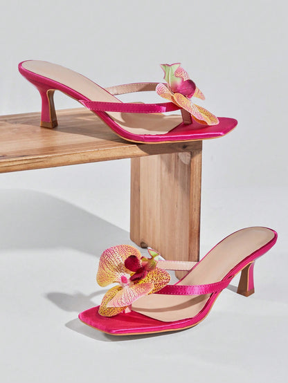 SHUZIA Women's Square Toe Low-Heel Orchid Floral-Decor Satin Fuchsia Thong Sandals – Exotic, Dreamy & Resort-Chic Valentine's Day Summer Shoes