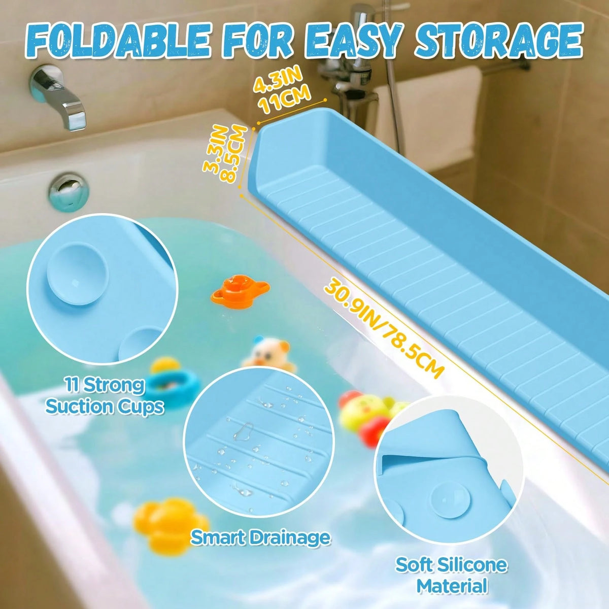 Silicone Bathtub Splash Guard, Bath Toy Organizer With 11 Strong Suction Cups, Foldable For Easy Storage, Prevents Water From Splashing Out. Fun Bath Time For Toddlers And Babies, Available In Three C