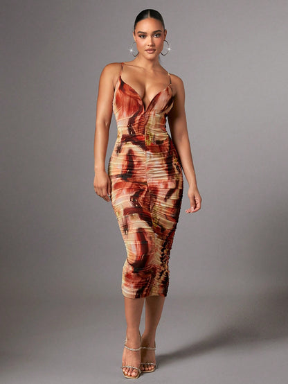 Silquee Allover Print Ruched Slip Dress