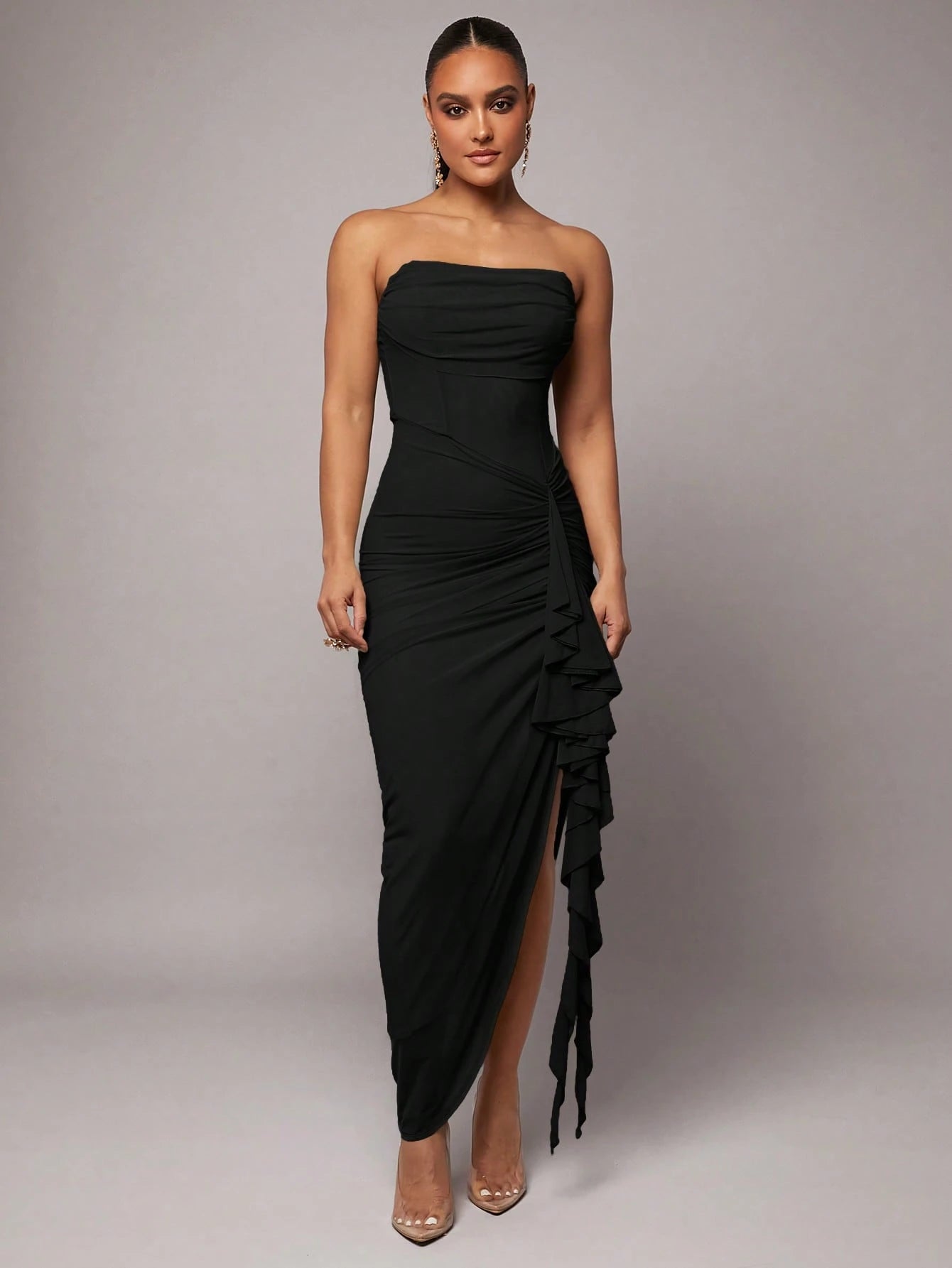 Silquee Plus Women's Black Summer Elegant Dining Holiday Lace Bodycon Dress, Ruched Neckline High Slit Ball Gown,Formal Evening Party & Birthday Dress