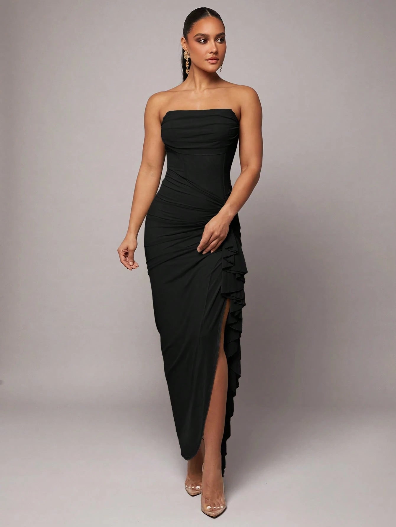 Silquee Plus Women's Black Summer Elegant Dining Holiday Lace Bodycon Dress, Ruched Neckline High Slit Ball Gown,Formal Evening Party & Birthday Dress