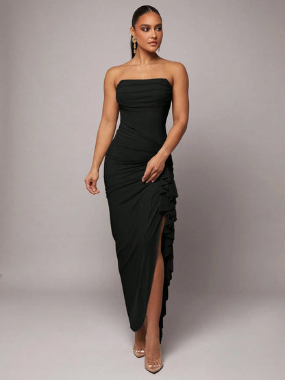 Silquee Plus Women's Black Summer Elegant Dining Holiday Lace Bodycon Dress, Ruched Neckline High Slit Ball Gown,Formal Evening Party & Birthday Dress