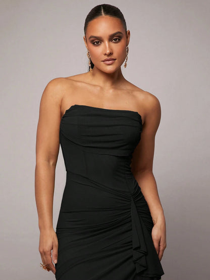 Silquee Plus Women's Black Summer Elegant Dining Holiday Lace Bodycon Dress, Ruched Neckline High Slit Ball Gown,Formal Evening Party & Birthday Dress
