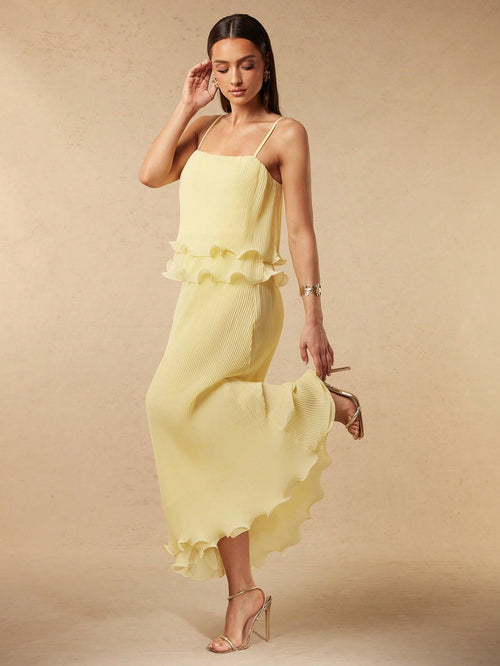 Silquee Women's Pale Yellow Summer Elegant Romantic Garden Party Mother Of The Bride Slip Dress Textured Chiffon Ruffle Hem Relaxed Fit Wedding Beach Gown