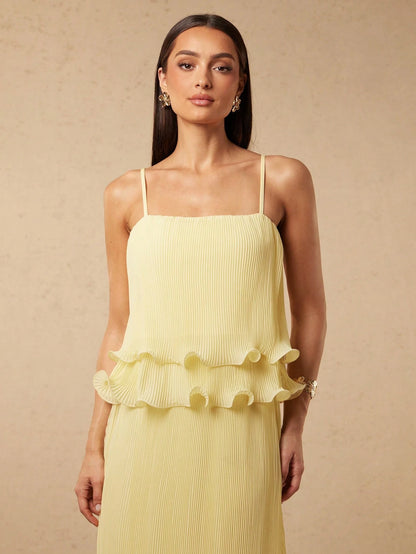 Silquee Women's Pale Yellow Summer Elegant Romantic Garden Party Mother Of The Bride Slip Dress Textured Chiffon Ruffle Hem Relaxed Fit Wedding Beach Gown