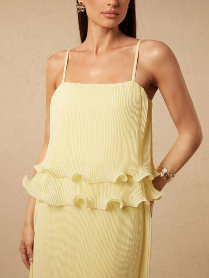 Silquee Women's Pale Yellow Summer Elegant Romantic Garden Party Mother Of The Bride Slip Dress Textured Chiffon Ruffle Hem Relaxed Fit Wedding Beach Gown