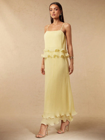 Silquee Women's Pale Yellow Summer Elegant Romantic Garden Party Mother Of The Bride Slip Dress Textured Chiffon Ruffle Hem Relaxed Fit Wedding Beach Gown