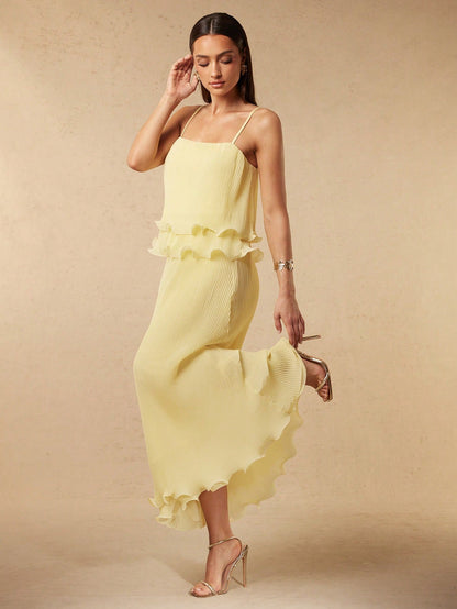 Silquee Women's Pale Yellow Summer Elegant Romantic Garden Party Mother Of The Bride Slip Dress Textured Chiffon Ruffle Hem Relaxed Fit Wedding Beach Gown