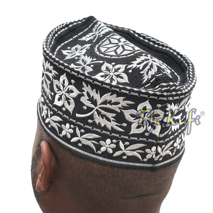 Silver Omani African Yemeni Embroidered Leaf & Flower Design Muslim Kufi Hat