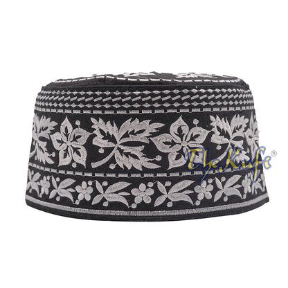 Silver Omani African Yemeni Embroidered Leaf & Flower Design Muslim Kufi Hat