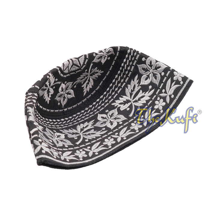 Silver Omani African Yemeni Embroidered Leaf & Flower Design Muslim Kufi Hat