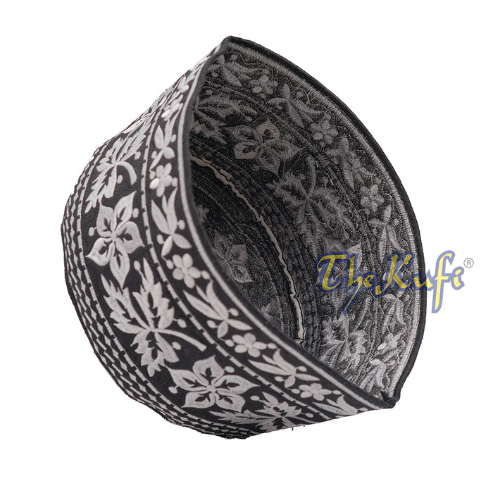 Silver Omani African Yemeni Embroidered Leaf & Flower Design Muslim Kufi Hat