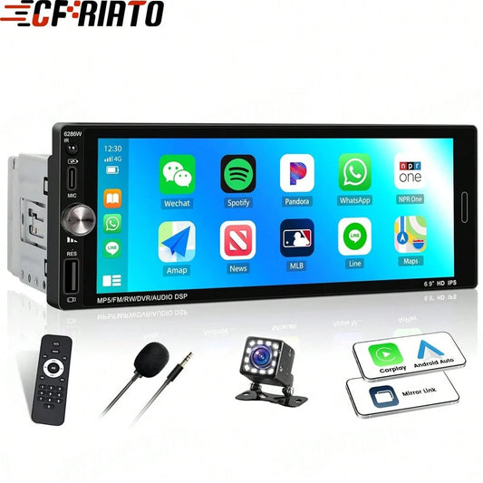 Single Din Car Stereo With Wireless CarPlay Android Auto, 6.9" Car Radio With Touchscreen, 1 Din MP5 Multimedia Player With Mirror Link, Bluetooth, FM, USB, Type-C, EQ, SWC, Backup Camera