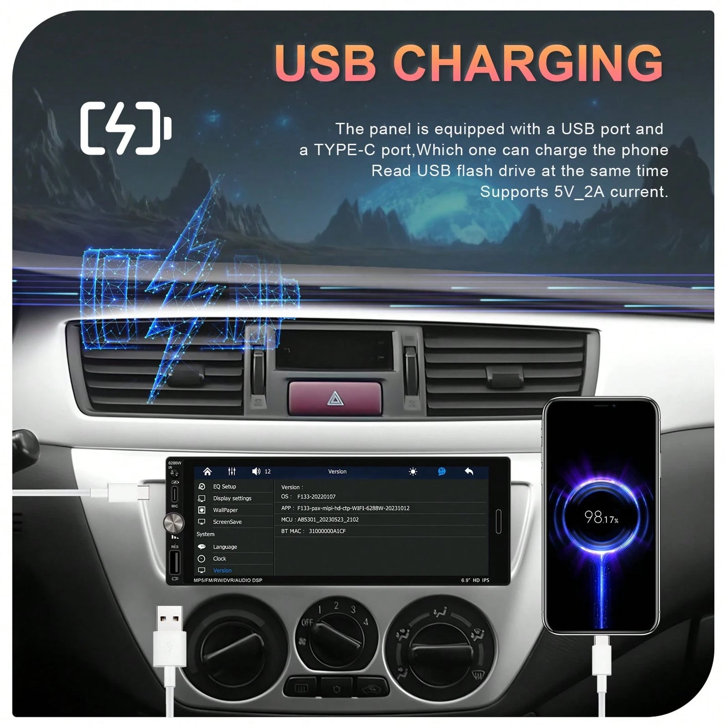 Single Din Car Stereo With Wireless CarPlay Android Auto, 6.9" Car Radio With Touchscreen, 1 Din MP5 Multimedia Player With Mirror Link, Bluetooth, FM, USB, Type-C, EQ, SWC, Backup Camera