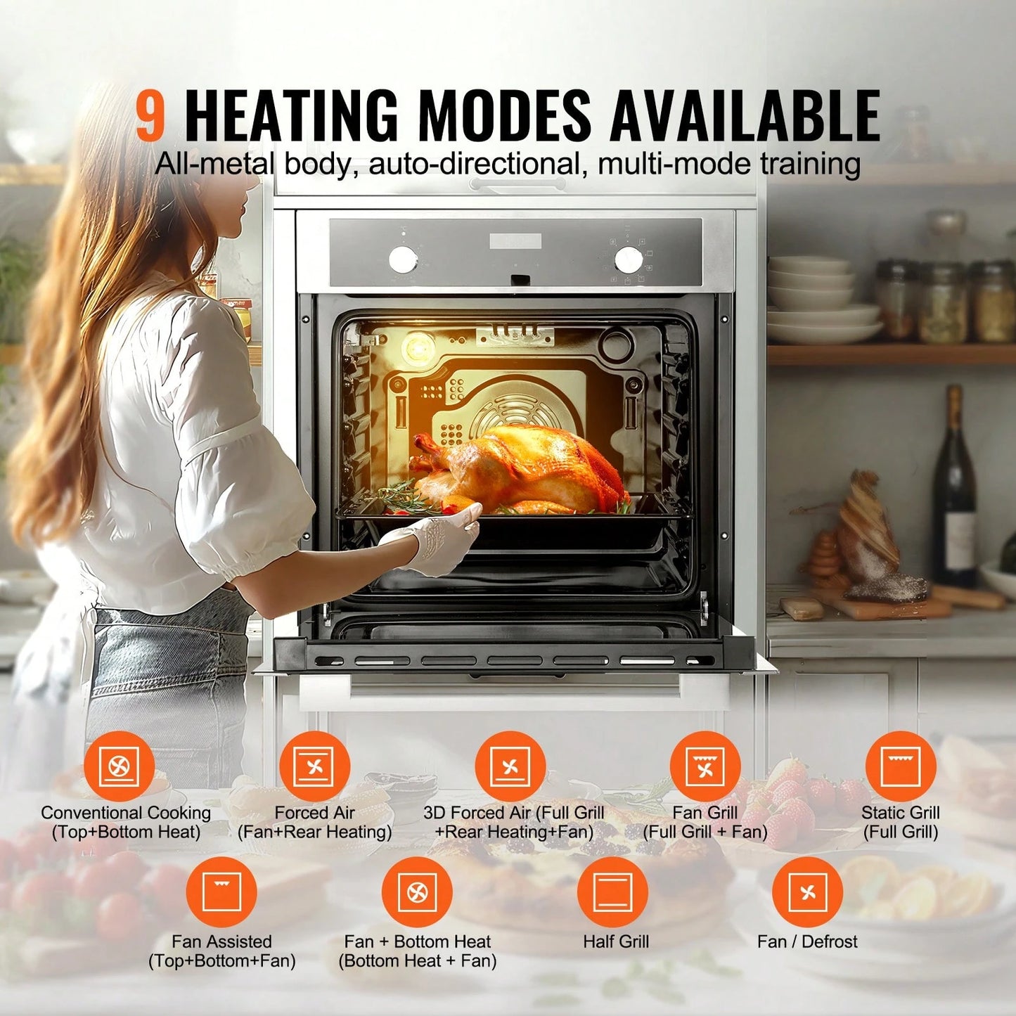 Single Wall Oven, 24" Electric Built-In Wall Oven With 9 Cooking Functions, 2.68 Cu.Ft Electric Wall Ovens With Timer, 2800W Electric Oven With Baking Rack And Tray, For Kitchen
