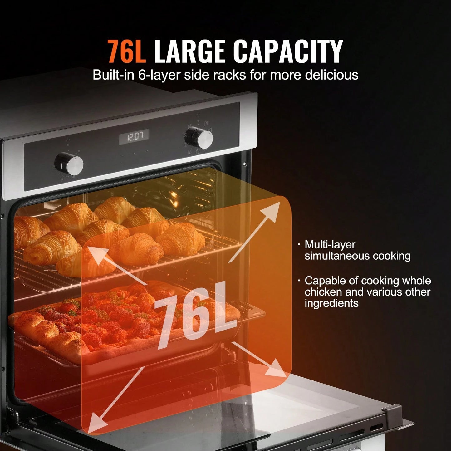 Single Wall Oven, 24" Electric Built-In Wall Oven With 9 Cooking Functions, 2.68 Cu.Ft Electric Wall Ovens With Timer, 2800W Electric Oven With Baking Rack And Tray, For Kitchen